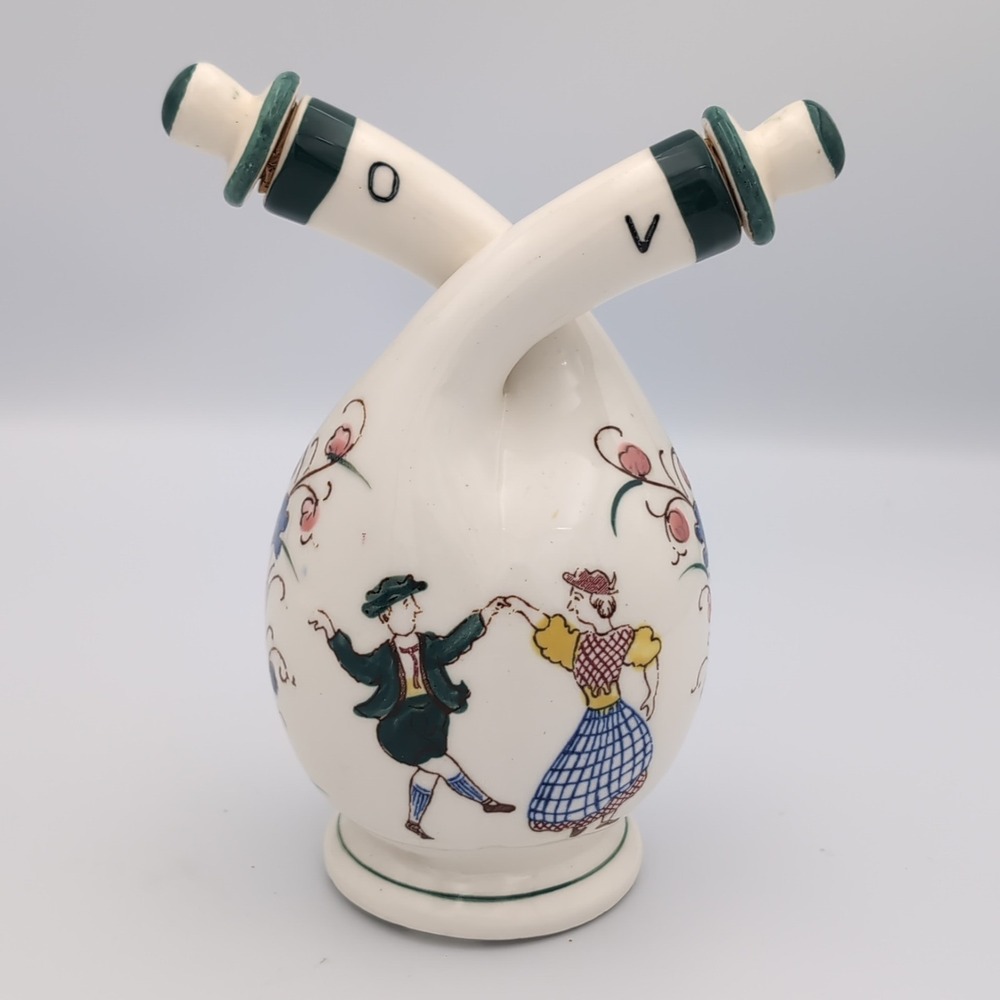 Vintage Japan Oil Vinegar Cruet Double Spout Dutch Couple Ceramic Cork Stoppers